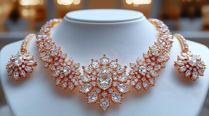 Poster - Exquisite 3D gold necklace adorned sparkling diamonds paired with elegant earrings arranged on a white background for a stunning and regal display of luxury