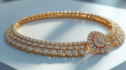 Poster - Exquisite 3D gold necklace radiant stones and a matching earring set displayed elegantly on a minimalistic white background emphasizing the contrast between modern simplicity and luxury