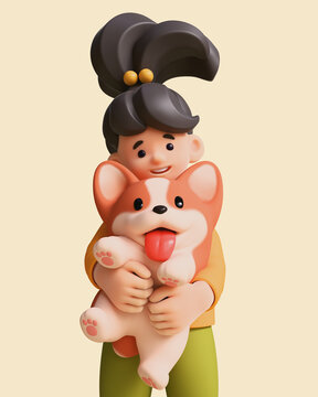 Portrait of cute excited kawaii asian child girl in casual fashion clothes, yellow pullover, green pants holds, hugs fluffy playful orange corgi dog with hands. Best friend. 3d render in pastel colors