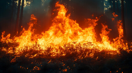 Poster - Raging wildfire tearing through lush,dense forest environment with powerful.