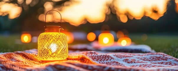 Poster - Warm glow of lanterns on blanket, sunset ambiance, cozy outdoor atmosphere.