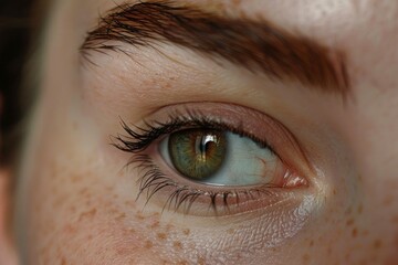 Young woman with freckles is looking away with green eye