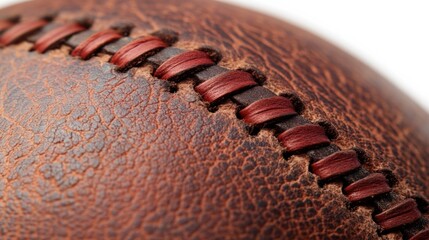 Close-up of a baseball surface, showing the leather texture and red stitching, isolated on white background