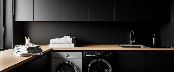 Modern laundry room interior with black cabinets and wooden countertop, two washing machines, a sink and folded towels on the countertop.