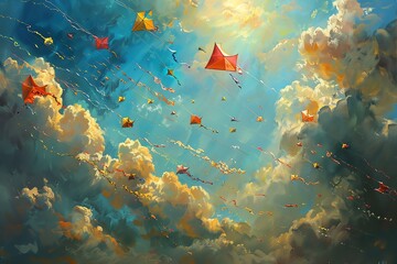 A bright blue sky with fluffy white clouds and many colorful kites flying on strings, all lit by a bright sun.