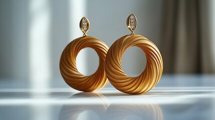Poster - Gold drop earrings geometric shapes displayed on a clean modern minimalistic background giving a bold and contemporary feel