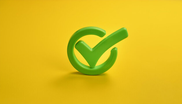 Green 3D tick icon, done symbol, check mark on yellow background.