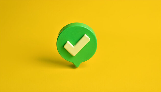 Green 3D tick icon, done symbol, check mark on yellow background.