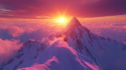 Poster - A mountain with a sun shining on it