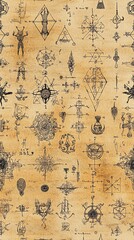 Mystical alchemy symbols seamless pattern, esoteric diagrams on aged parchment