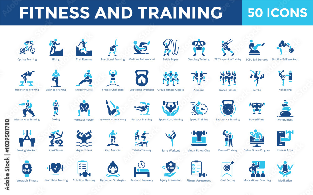 Fitness and Training icon set with cycling training, hiking, trail ...