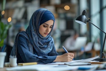 Creative Muslim designer working with drawings in an office, Generative AI