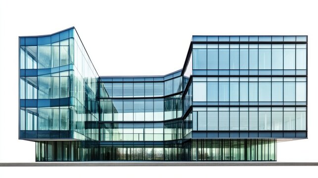 Contemporary office block with bold, geometric glass architecture, isolated on white background