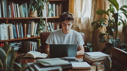 Poster - Young Person Working in a Cozy Library Setting