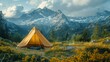 © YURII Seleznov - tourist tent camping in mountains at sunset. concept of adventure and wanderlust