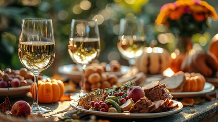 Thanksgiving and Harvest Festival. A beautifully set table for an autumn party, with pumpkins and flowers as decor, surrounded by warm sunlight, creating a cozy atmosphere.