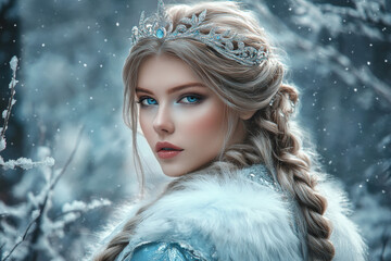 Portrait of a very beautiful woman in a winter forest, a fairy or mistress of the forest walks around her domain