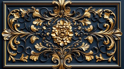 Poster - golden baroque ornament swirling floral motifs detailed leaf patterns elegant filigree 3d layout fra