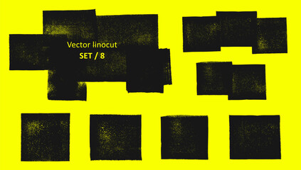 Poster - Linocut geometric compositions, squres, textured lino ink remains. Black and white artistic text backgrounds. Relief printing paint roller stains, textured transparent rectangles. Linocutting texture.
