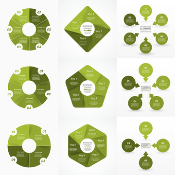 Set of green circle infographic elements with 4, 5 and 6 options, parts or steps.