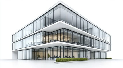 Modern office complex with modular design and sleek glass fade, isolated on white background