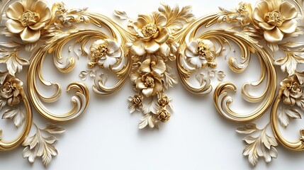 Poster - Golden Renaissanceinspired filigree swirls intertwining vintage floral scrolls and rich ornamental elements in an opulent 3D design set against a pristine white background