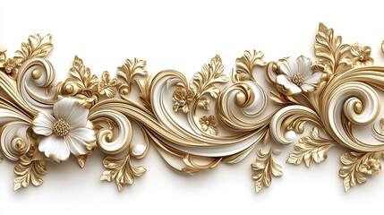 Poster - Golden Renaissanceinspired filigree swirls intertwining vintage floral scrolls and rich ornamental elements in an opulent 3D design set against a pristine white background