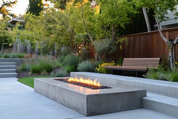 Poster - A contemporary outdoor space featuring a linear fire pit with flames burning, surrounded by lush greenery and a wooden bench for relaxation in a tranquil setting.