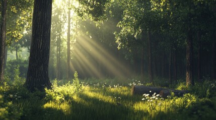 Poster - A forest with a tree trunk in the middle of the grass