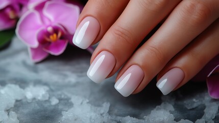 Wall Mural - Spa hands over floral background, elegant manicure and orchid flowers