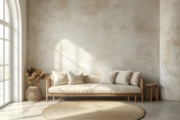 Aufkleber - An elegant living room with a luxurious sofa under large windows, featuring minimalist decor and soft natural light creating a sophisticated atmosphere.