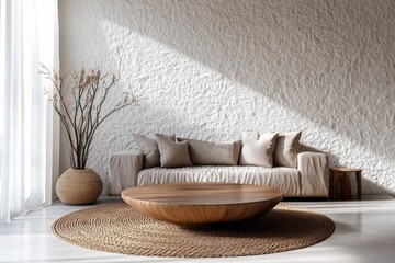Poster - A textured room features a rustic sofa with plush cushions, round wooden table, and large window, harmonizing natural elements and artistic decor.