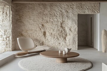 Poster - A minimalist room featuring a striking textured stone wall, sleek modern chair, contemporary round table, and neutral tones for a calm, sophisticated atmosphere.
