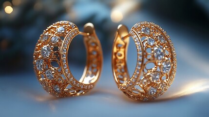 Poster - Intricate 3D gold earrings sparkling stones delicately placed on a smooth minimalist background showcasing the elegance and luxurious simplicity of the design