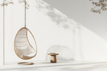Aufkleber - A rattan hanging chair is positioned in a bright minimalist room with soft shadows and a small wooden table, creating a serene and inviting atmosphere.