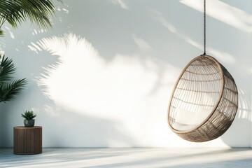 Poster - A cozy wicker hanging chair is suspended in a brightly lit minimalist room with soft shadows, complemented by a small side table and potted plant.