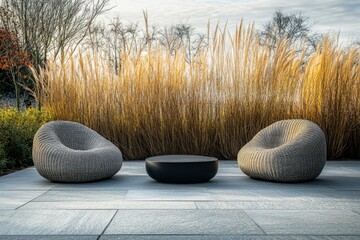 Aufkleber - A modern patio presents round, cozy seats placed near tall golden grasses, crafting a tranquil and stylish outdoor space surrounded by nature and soft light.