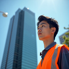 Man in an orange vest stands in front of a tall building