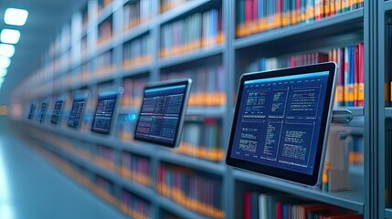 Modern library with digital tablets displaying data and colorful books on shelves.