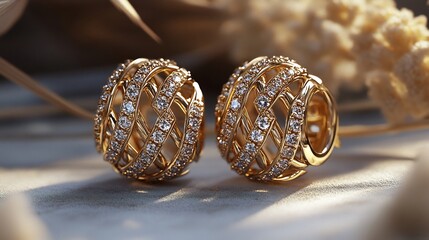 Poster - Intricate 3D gold earrings sparkling stones delicately placed on a smooth minimalist background showcasing the elegance and luxurious simplicity of the design