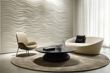 Aufkleber - A stylish lounge adorned with wave-textured wall panels, featuring a chic armchair and sofa ensemble, centered around a sleek round black coffee table.