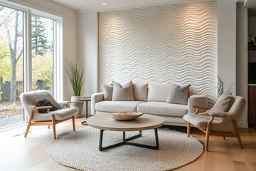 Poster - A contemporary living room with elegant wavy wall panels, mid-century inspired furniture, large window and a textured round carpet for a warm, inviting ambiance.