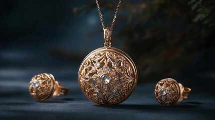 Poster - Intricate 3D gold locket shimmering gemstones paired with matching earrings and a sleek necklace displayed on a minimalistic matte background for a refined modern look