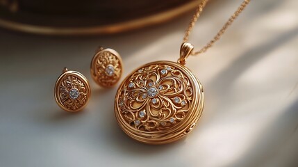 Poster - Intricate 3D gold locket shimmering gemstones paired with matching earrings and a sleek necklace displayed on a minimalistic matte background for a refined modern look