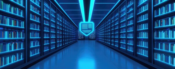 Poster - Futuristic library with bright blue lights and digital books, modern design