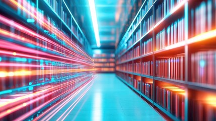 Aufkleber - Colorful library interior with blurred shelves and bright lights.