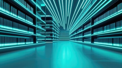 Poster - Futuristic library with glowing shelves and neon lighting, captivating digital environment.