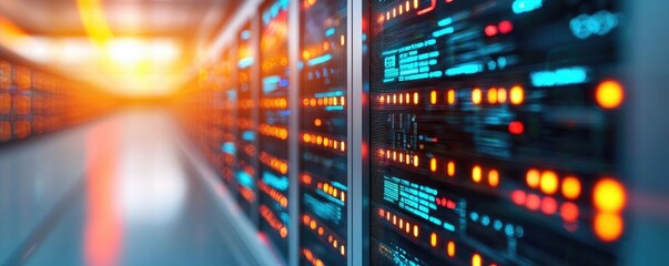 Poster - Modern data center with illuminated server racks and cables.