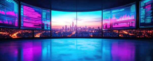 Poster - Futuristic workspace with digital screens showing city skyline and data visuals
