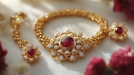 Poster - intricate 3d gold necklace a radiant stone locket paired with matching earrings set against a clean 